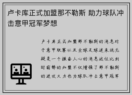 卢卡库正式加盟那不勒斯 助力球队冲击意甲冠军梦想